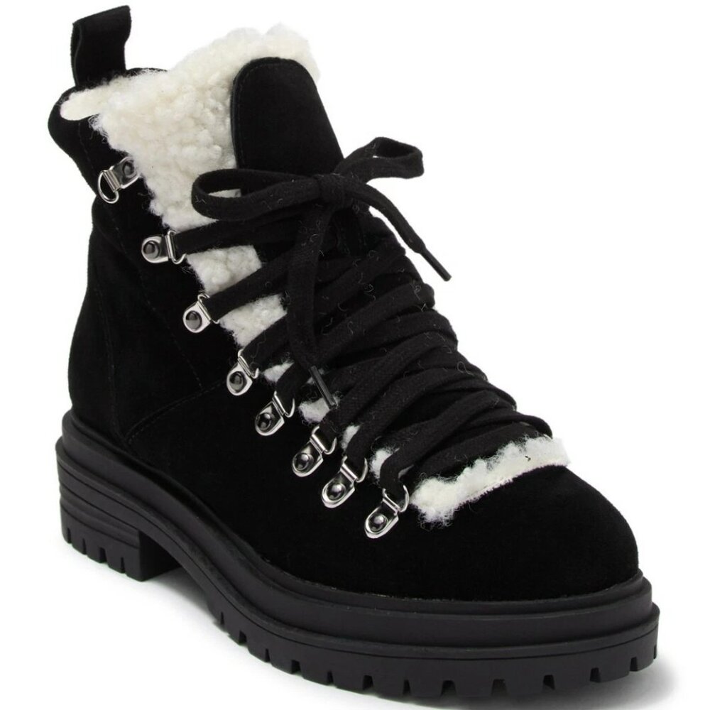 $160 Steve Madden Resa Faux Shearling High Top Bootie Black Suede 7 (TPO8.5)